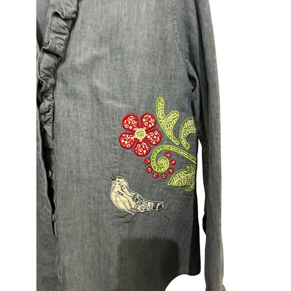 Talbots Blue Floral Embroidered handmade Button Down Chambray Shirt Size 14 - Picture 2 of 9